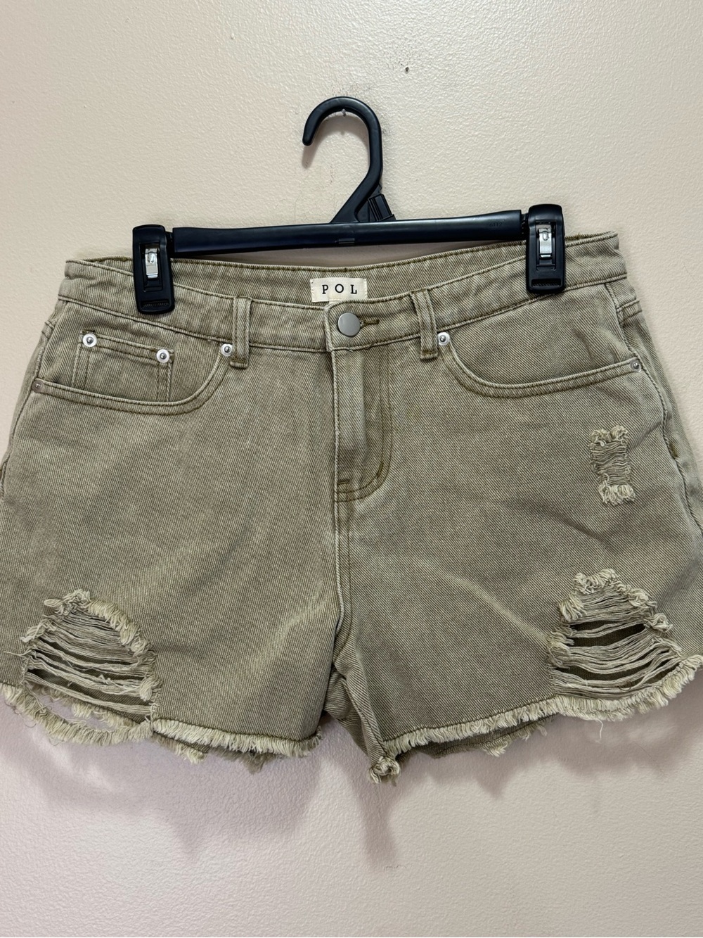 NWOT POL Olive Green Distressed Denim Shorts